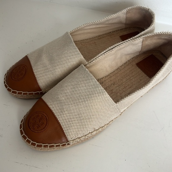 Tory Burch Color Block Canvas/Leather Espadrille Cream/Brown NWOT Size 9.5 - Picture 6 of 10